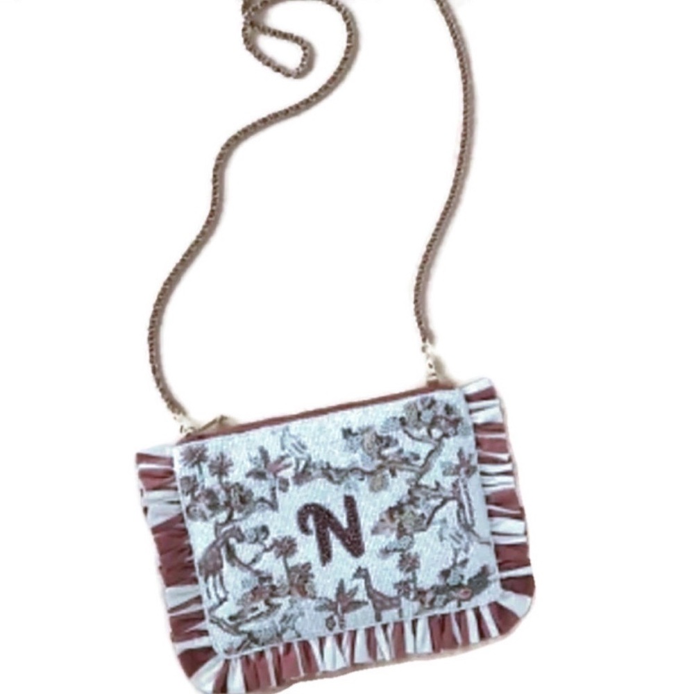 NEW Anthropologie Anna Harlow Russo Beaded Monogram “N” Clutch Crossbody Bag